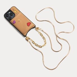 Bandolier Tan Phone Case with Gold Chain and Heart Accents - IPHONE 14 PRO MAX
